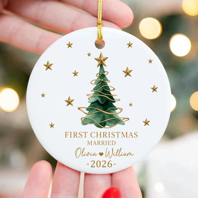 First Christmas Married - Personalized Ceramic Ornament, Married Date Ornament, Merry Christmas Gifts, Christmas Tree Decor, Christmas Party Gifts