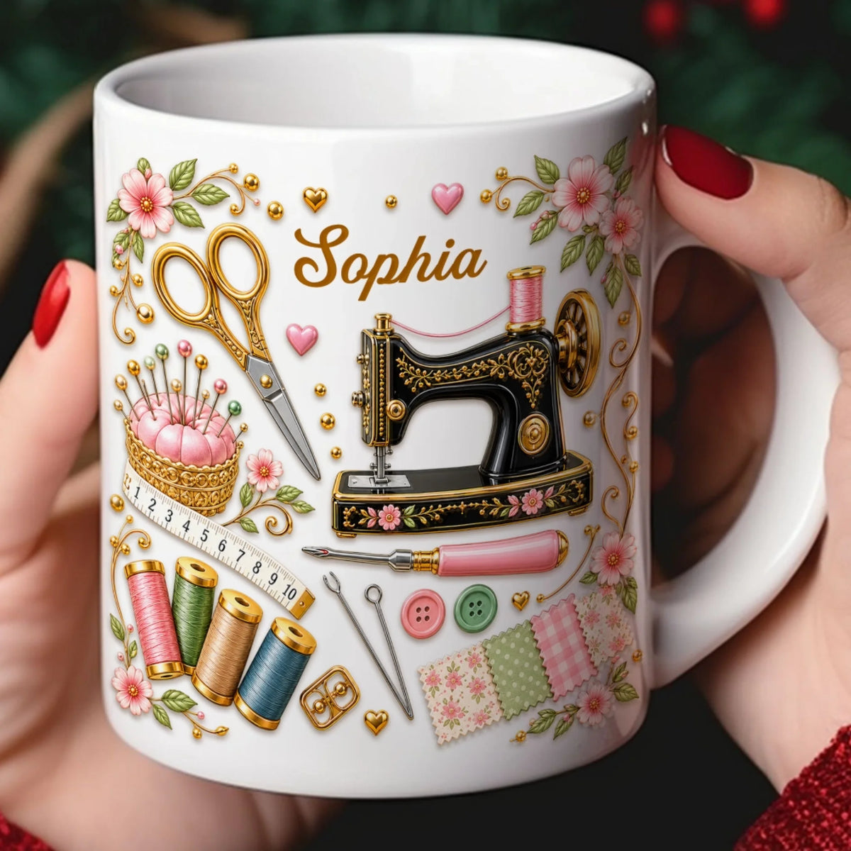 Just A Girl Who Loves Sewing- Personalized Mug, Sewing Mug, Custom Name Craft Tools Illustration Mug