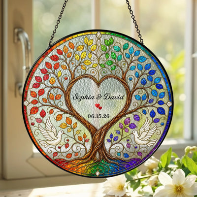 Four Seasons Tree of Life - Personalized Window Suncatcher, Wedding Anniversary Gift for Couple, Stained Glass Suncatcher, Custom Couple Window Hanging Keepsake