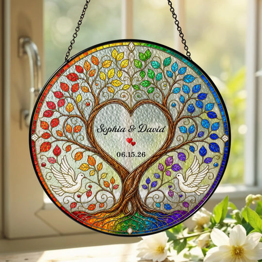 Four Seasons Tree of Life - Personalized Window Suncatcher, Wedding Anniversary Gift for Couple, Stained Glass Suncatcher, Custom Couple Window Hanging Keepsake