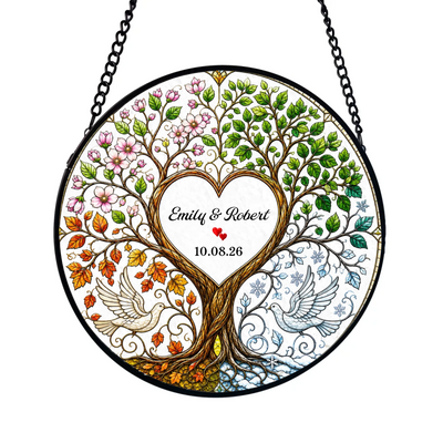 Four Seasons Tree of Life - Personalized Window Suncatcher, Wedding Anniversary Gift for Couple, Stained Glass Suncatcher, Custom Couple Window Hanging Keepsake