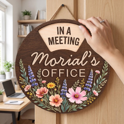 In A Meeting Office - Personalized 2 Layer Wooden Sign,  Wildflower Office Status Spinner Sign