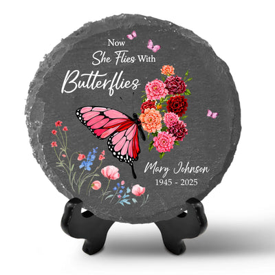 She Flies With Butterflies - Personalized Stone, Butterflies Memorial Garden Stone,  Custom Memorial Stone, Garden Remembrance Decor