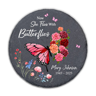 She Flies With Butterflies - Personalized Stone, Butterflies Memorial Garden Stone,  Custom Memorial Stone, Garden Remembrance Decor