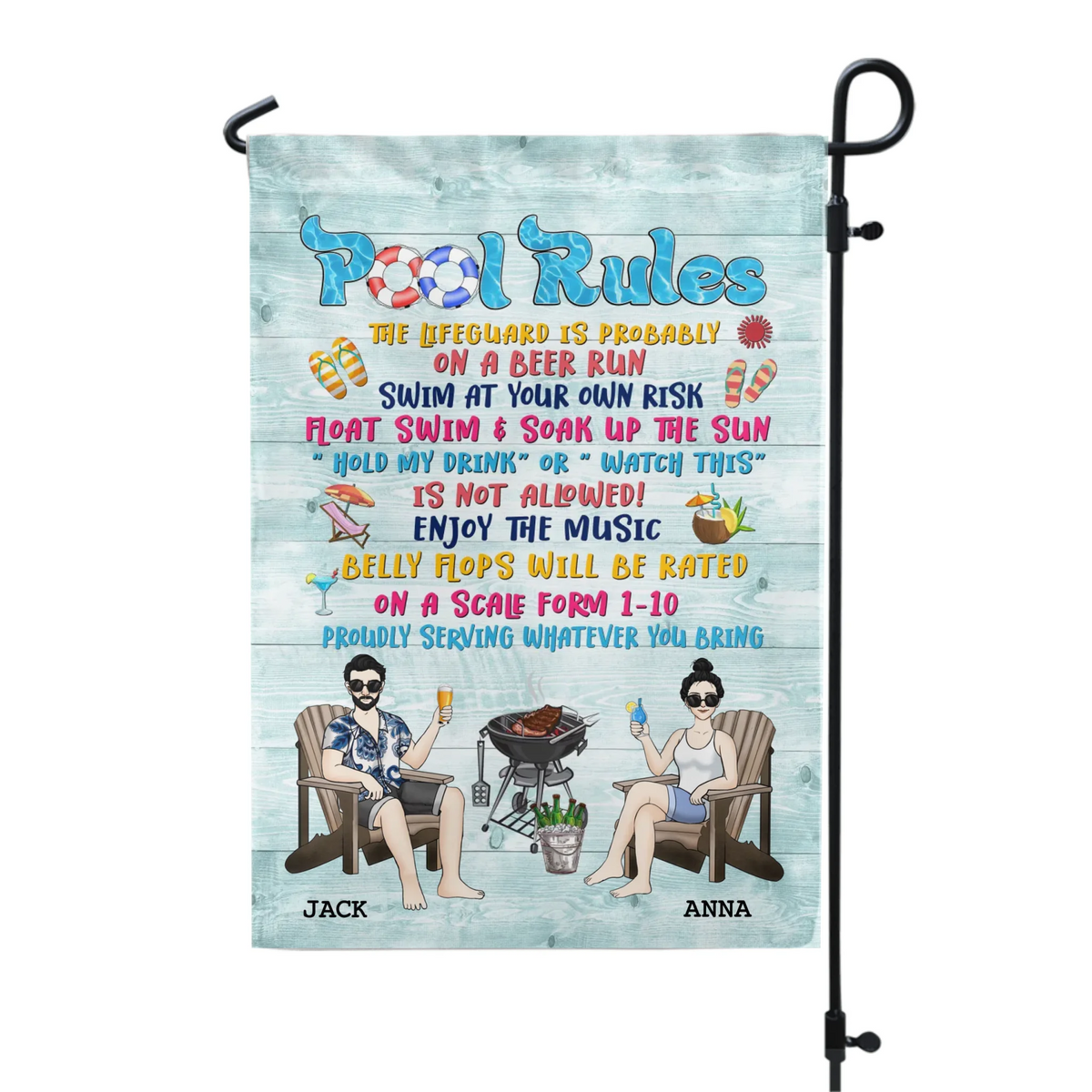 Pool Rules The Lifeguard is Probably On A Beer Run - Personalized Garden Flag