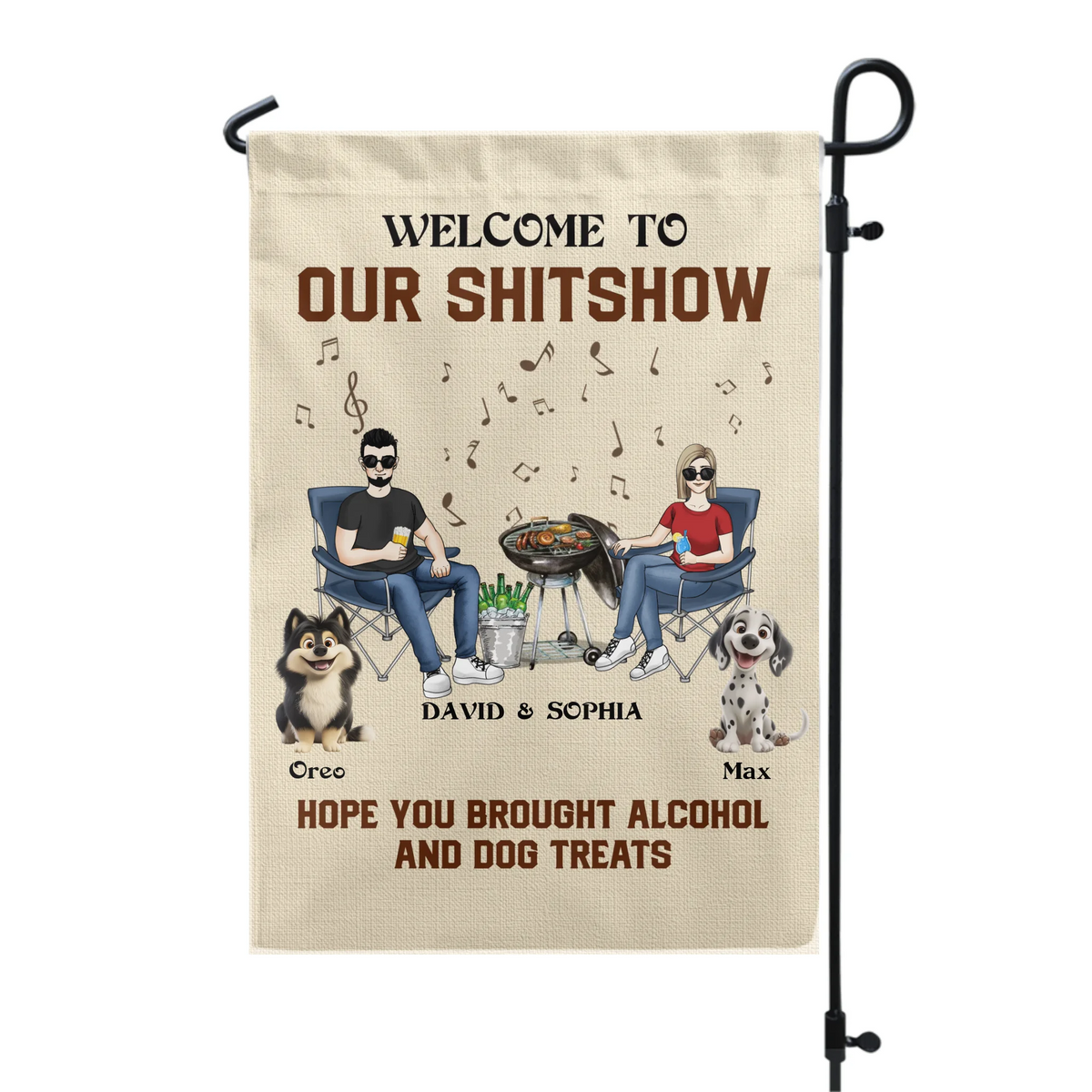 Welcome To Our Shitshow Alcohol And Dog Treats - Personalized Garden Flag, Gift for Family, Backyard Party Decor