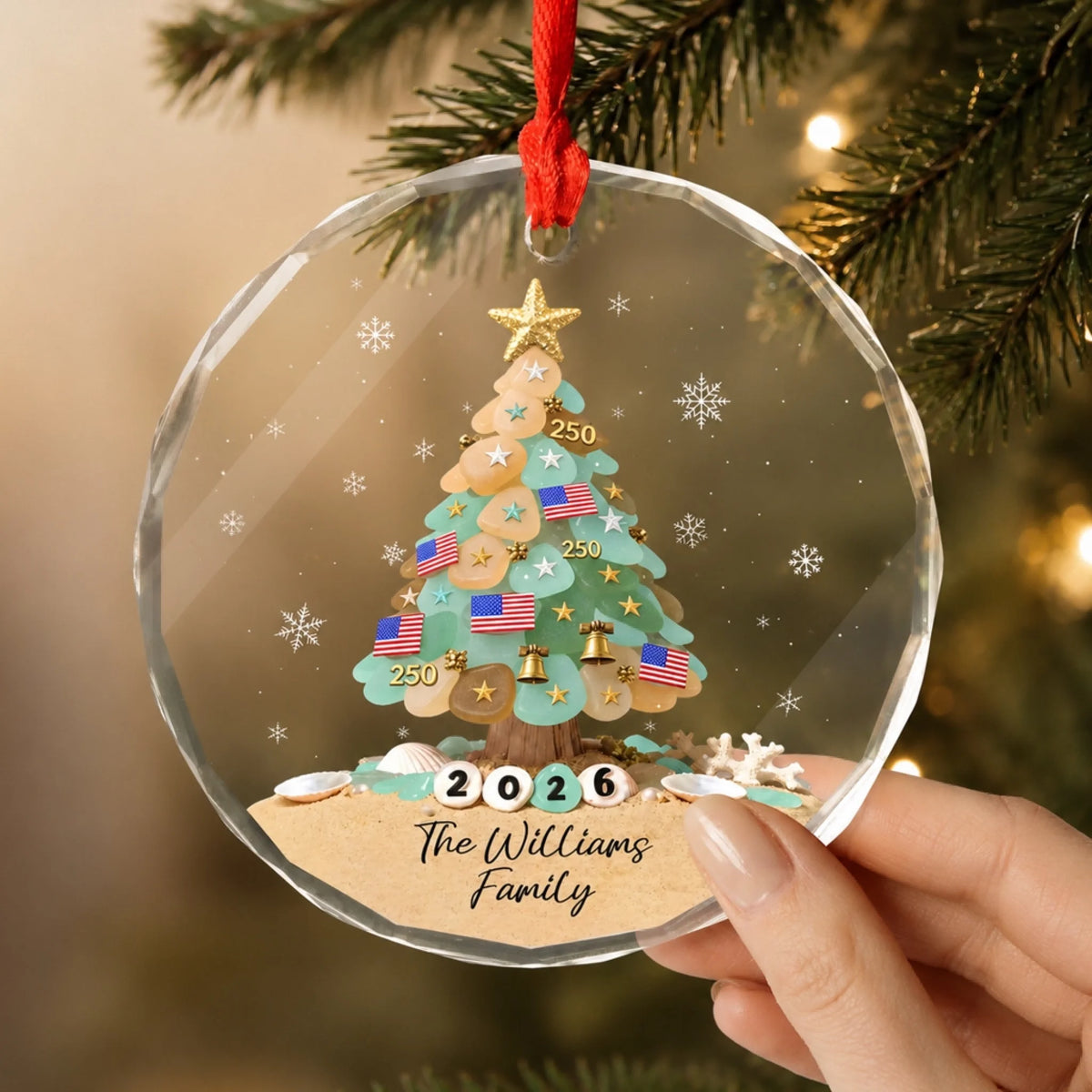 Home Is Where Our Family and Freedom Shine - Personalized Glass Ornament, Custom Last Name Ornament, Red White and Blue Christmas Decor, Patriotic Family Keepsake