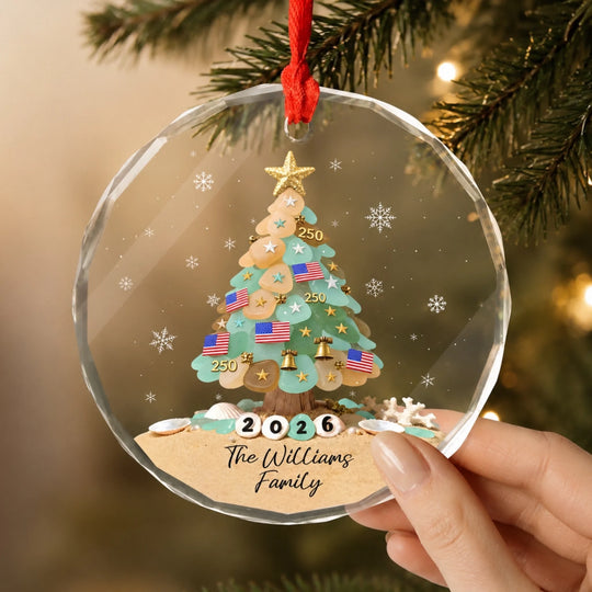 Home Is Where Our Family and Freedom Shine - Personalized Glass Ornament, Custom Last Name Ornament, Red White and Blue Christmas Decor, Patriotic Family Keepsake