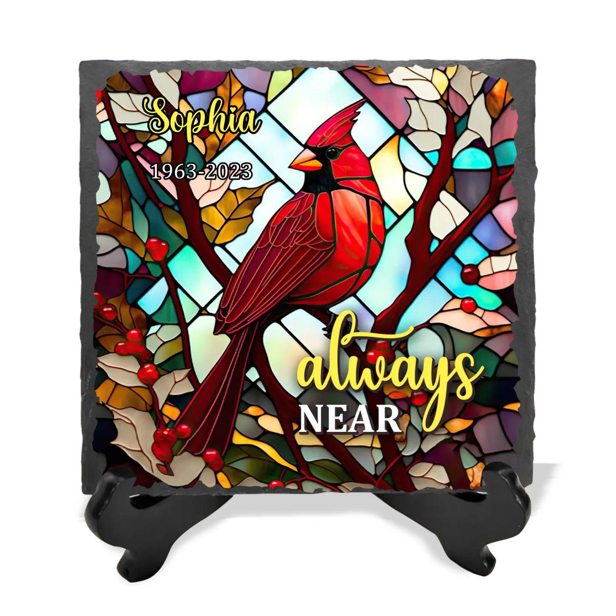 Cardinal Always Near Stained Glass - Personalized Memorial Stone, Memorial Gift - MS64