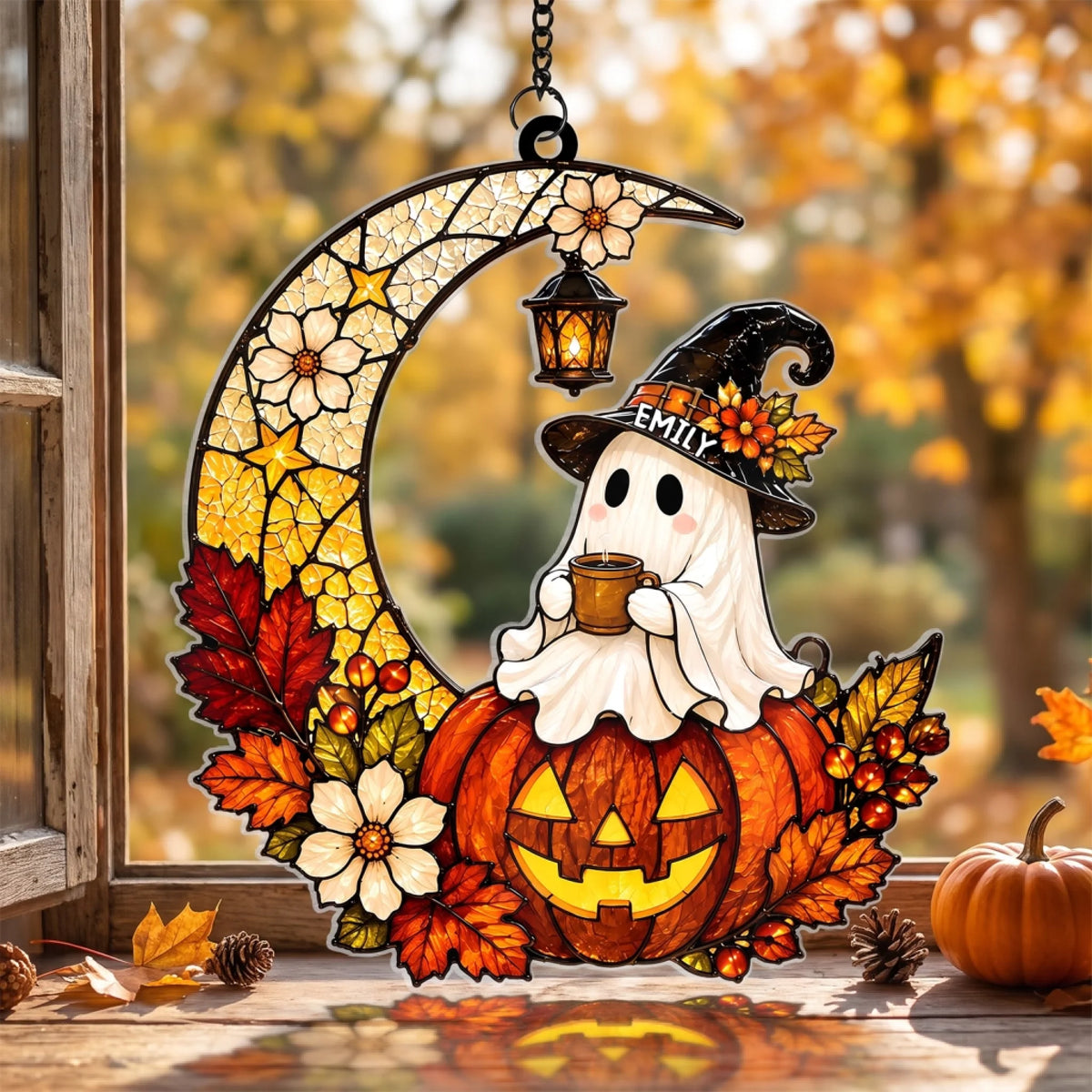 Cute Boo -  Personalized Acrylic Suncatcher, Ghost Pumpkin Moon Suncatcher, Halloween Home Decor
