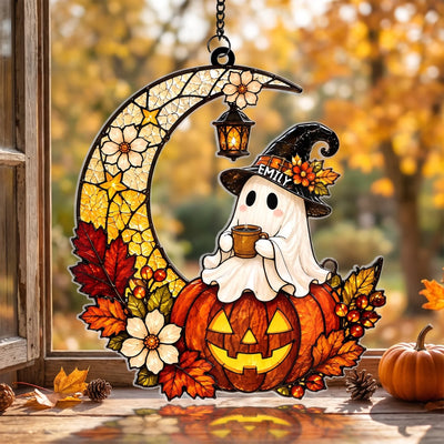 Cute Boo -  Personalized Acrylic Suncatcher, Ghost Pumpkin Moon Suncatcher, Halloween Home Decor