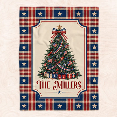 Stars, Stripes and Christmas - Personalized Blanket, Custom Patriotic Christmas Family Blanket