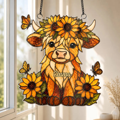 Highland Cow & Sunflowers - Personalized Acrylic Suncatcher, Floral Farmhouse House Decor, Gift For Cow Lovers