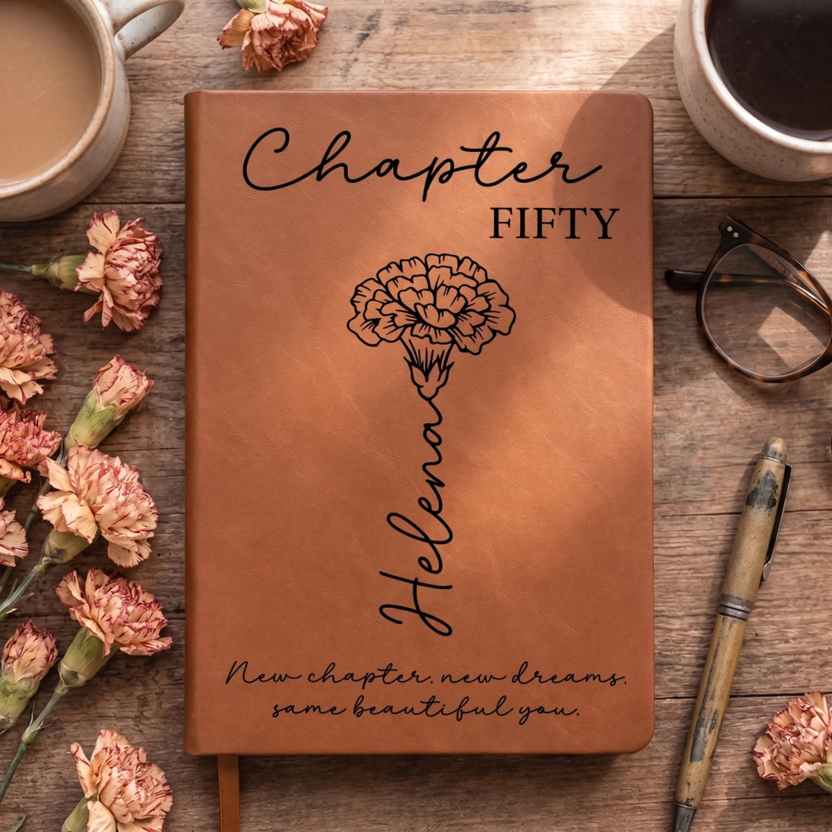 New Chapter New Dream - Personalized Leather Journal, Custom Birth Month Flower and Name Book, Gift for Her