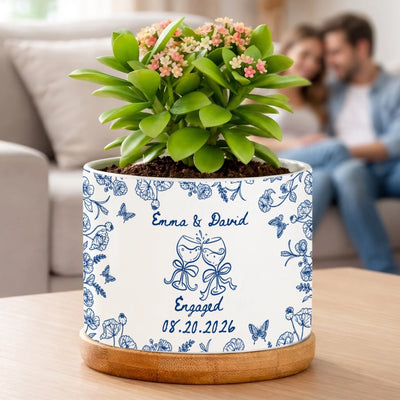 Our Love Is Growing - Personalized Plant Pot, Custom Names and Special Date Planter, Botanical Couple Keepsake, Engagement Gift for Her, Wedding Gift for Couple