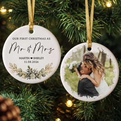 Our First Christmas As Mr & Mrs - Personalized Ceramic Ornament , Wedding Gift for Husband and Wife, Custom Keepsake Decoration for Newlyweds