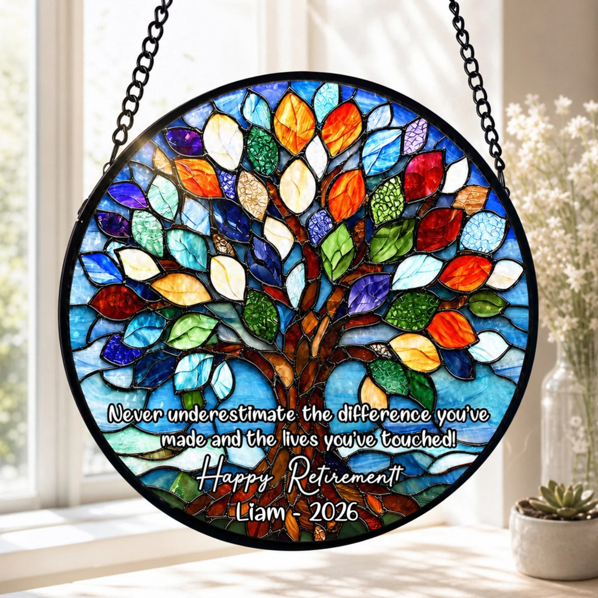 Never Underestimate the Difference You’ve Made - Personalized Window Stained Glass, Happy Retirement Gift, Tree Of Life Retired Gift