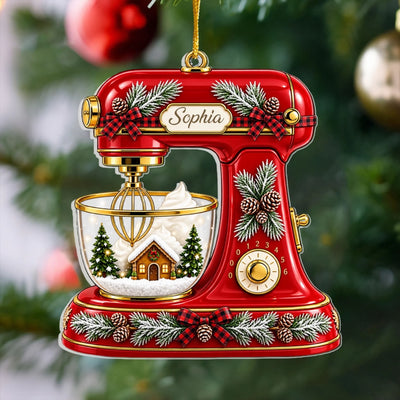 Vintage Red Farmhouse Mixer - Personalized Acrylic Ornament, Custom Kitchen Mixer Christmas Keepsake, Baking Gift For Bakers