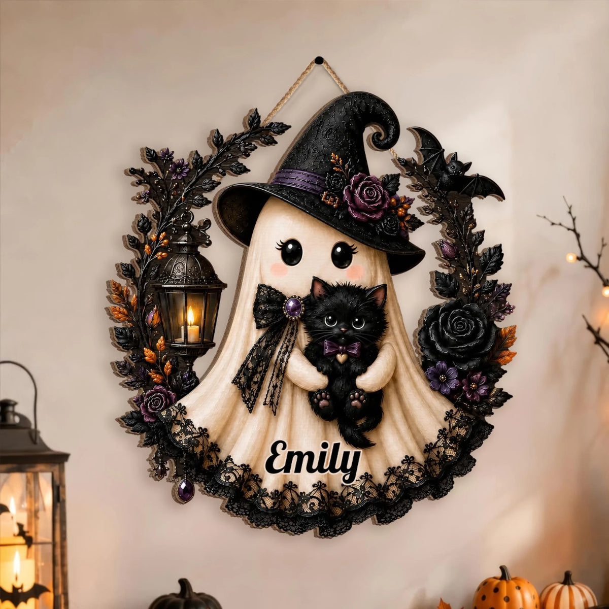 I'm The Ghost In Halloween - Personalized Wooden Sign, Witch Ghost With Black Cat Sign, Spooky Fall Wall Decor