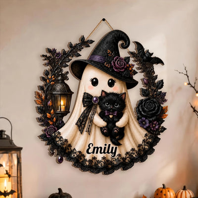 I'm The Ghost In Halloween - Personalized Wooden Sign, Witch Ghost With Black Cat Sign, Spooky Fall Wall Decor