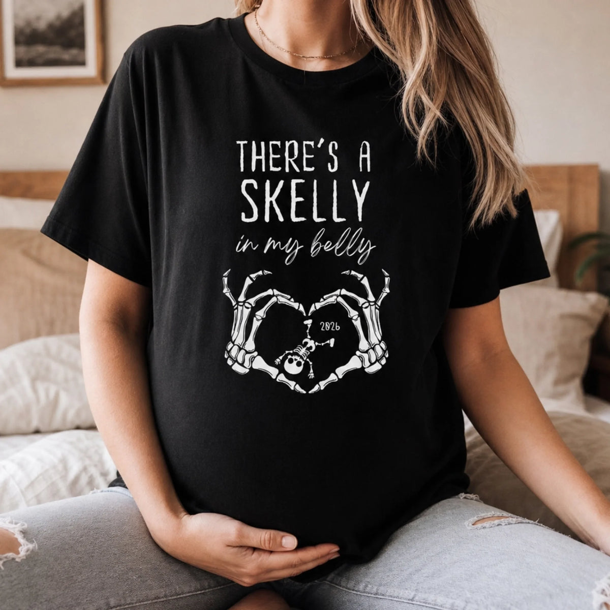 There’s A Skelly In My Belly - Personalized T-Shirt, Halloween Gift, Expecting Baby, Gift For New Mom