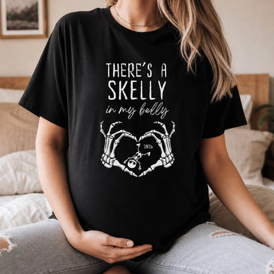 There’s A Skelly In My Belly - Personalized T-Shirt, Halloween Gift, Expecting Baby, Gift For New Mom