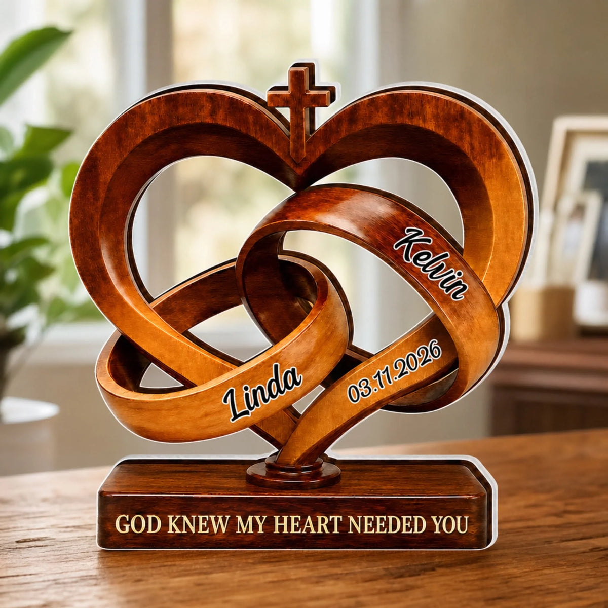 Two Hearts United by Faith and Love - Personalized Acrylic Plaque, Custom Names and Anniversary Date, Interlocking Rings Decor, Religious Gift for Couples