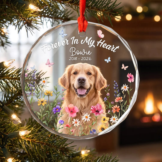 Forever In My Heart- Personalized Glass Ornament, Memorial Ornament with Photo, Dog/Cat Remembrance Keepsake, Glass Ornament