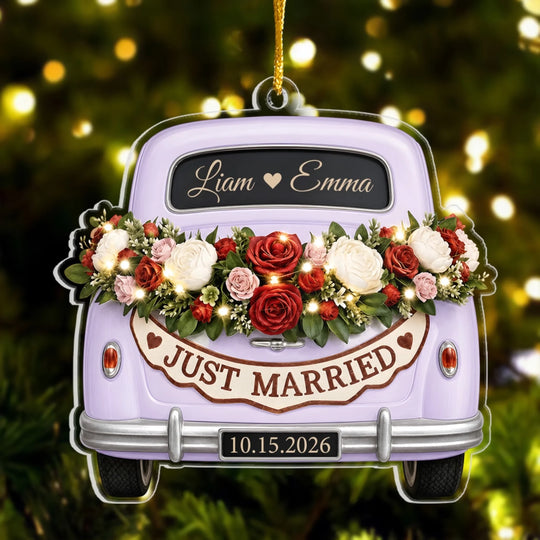 Just Married Car - Personalized Acrylic Ornament, Personalized First Christmas Married Ornament, Mr Mrs Xmas Ornament, Christmas Keepsake Gift For Couple
