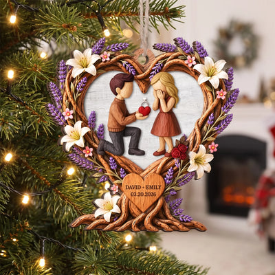Our Forever Starts Here - Personalized Wooden Ornament, Custom Names and Engagement Date Ornament, Rustic Floral Heart Decor, Newly Engaged Couple Gift