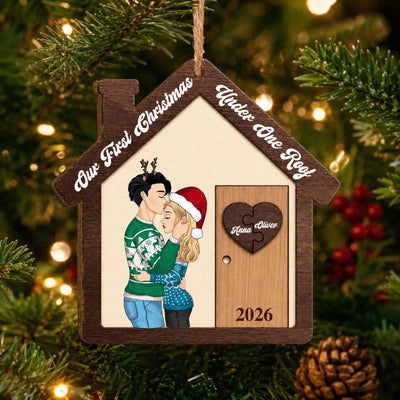 First Christmas Under One Roof-  Personalized Wooden Ornament, First Christmas Together, Gift For Anniversary, Couple Ornament