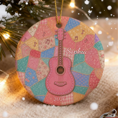 Pink Guitar Heart Christmas - Personalized Ceramic Ornament, Country Christmas keepsake, Rhinestone Ornament, Patchwork Decor