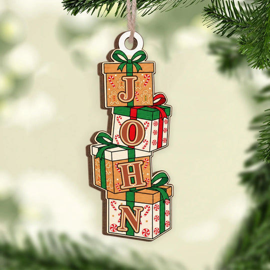 A Little Gift with a Big Name – Personalized Wooden Ornament, Custom Christmas Present Ornament, Stacked Gift Boxes