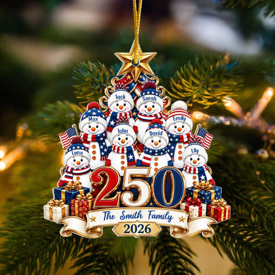 Snowman 250 Years Of Freedom America Anniversary - Personalized Acrylic Ornament, Custom Family Name America 250th Anniversary Christmas Gift, USA 1776-2026 Keepsake