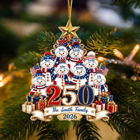 Snowman 250 Years Of Freedom America Anniversary - Personalized Acrylic Ornament, Custom Family Name America 250th Anniversary Christmas Gift, USA 1776-2026 Keepsake