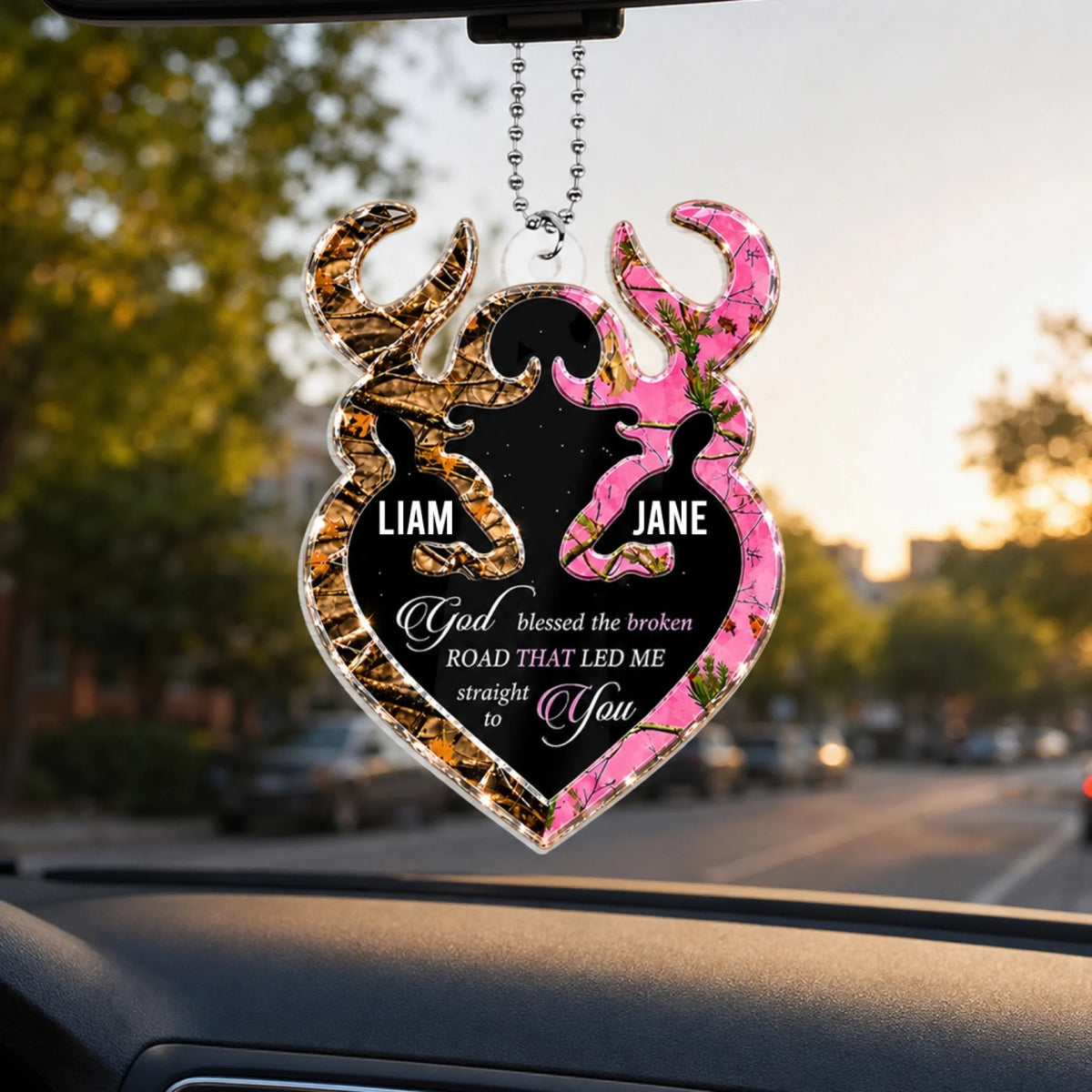 Buck &amp; Doe God Blessed The Broken Road Led Me Straight To You - Personalized Acrylic Car Hanger, Romantic Couple Keepsake With Names