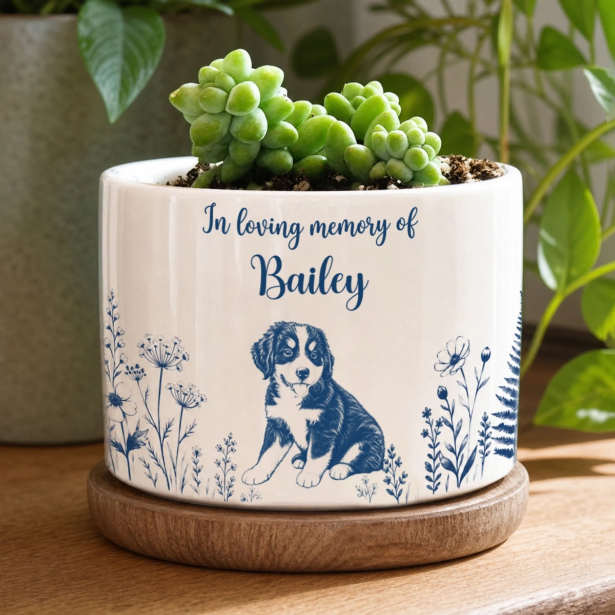 Always Miss My Friend - Personalized Plant Pot, Custom Name and Pet Photo Toile Blue Plant Pot, Memorial Gift