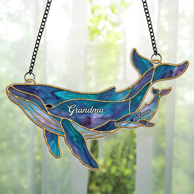 A Grandma’s Love Guides Us Through Every Wave - Personalized Acrylic Suncatcher, Custom Family Names on Whales, Coastal Window Decor, Grandparent Keepsake, Mother’s Day Gift