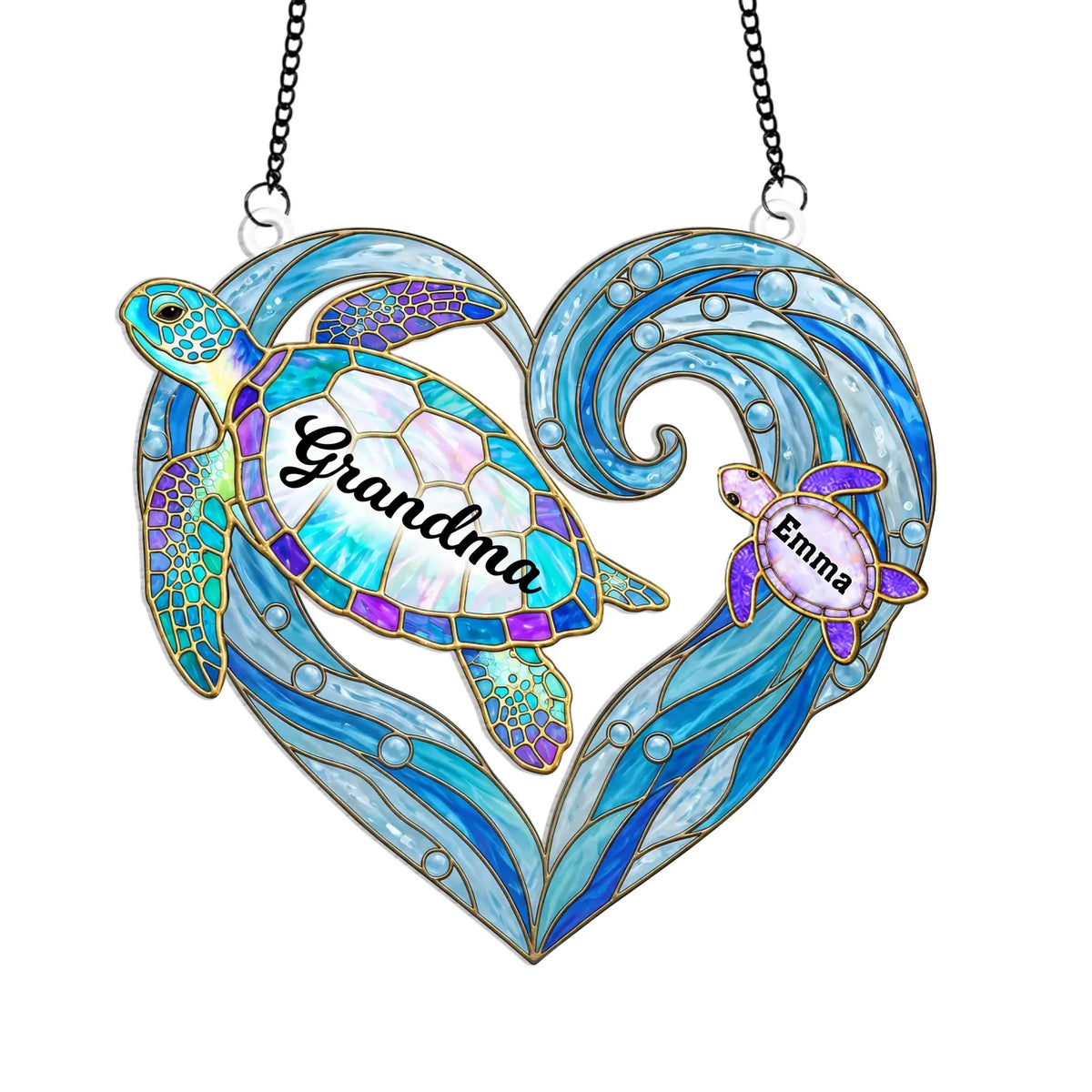 A Grandma’s Love Makes Every Wave Beautiful - Personalized Acrylic Suncatcher, Custom Family Names on Sea Turtles, Coastal Heart Window Hanging, Grandmother Gift, Family Keepsake