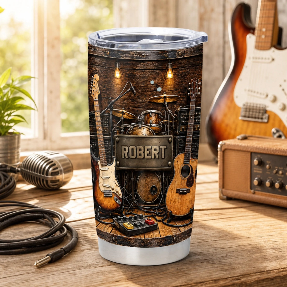 Music Is My Happy Place - Personalized Tumbler, Guitar &amp; Drum Music Lover Tumbler