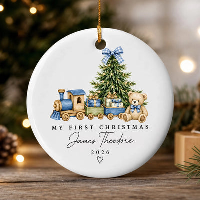 Baby Boy First Christmas - Personalized Ceramic Ornament, Custom Name and Year Train Keepsake, Teddy Bear Newborn Christmas Gift 2026