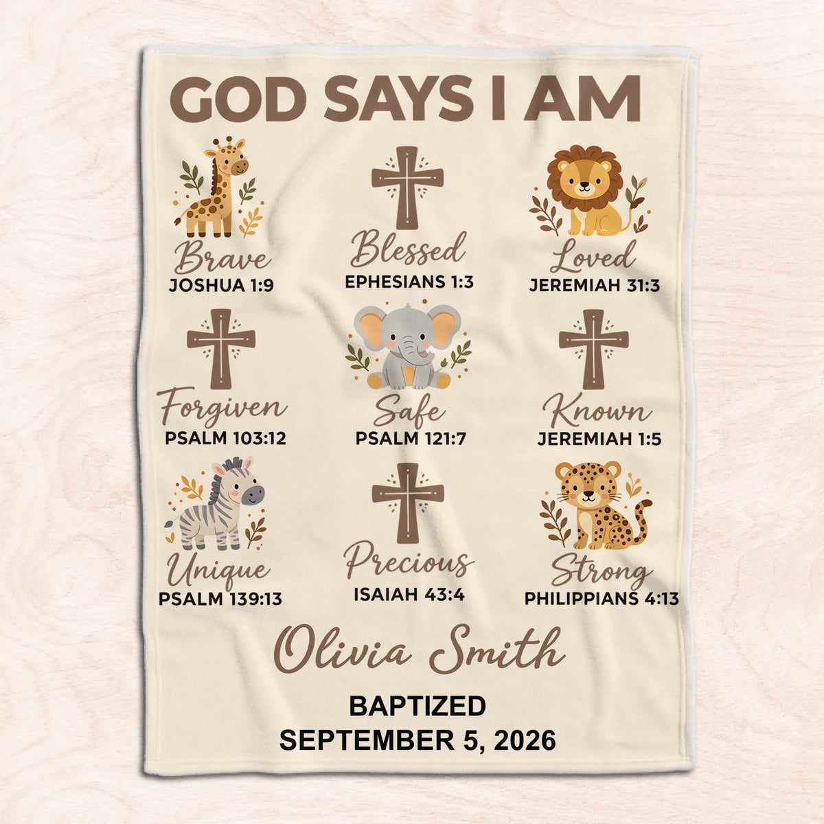 God Says I Am - Personalized Blanket, Custom Baptism Gift Boy Girl, Safari Nursery Blanket