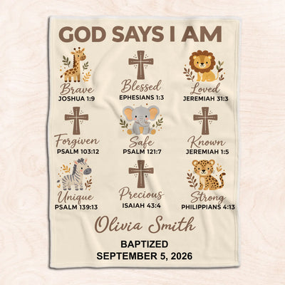 God Says I Am - Personalized Blanket, Custom Baptism Gift Boy Girl, Safari Nursery Blanket