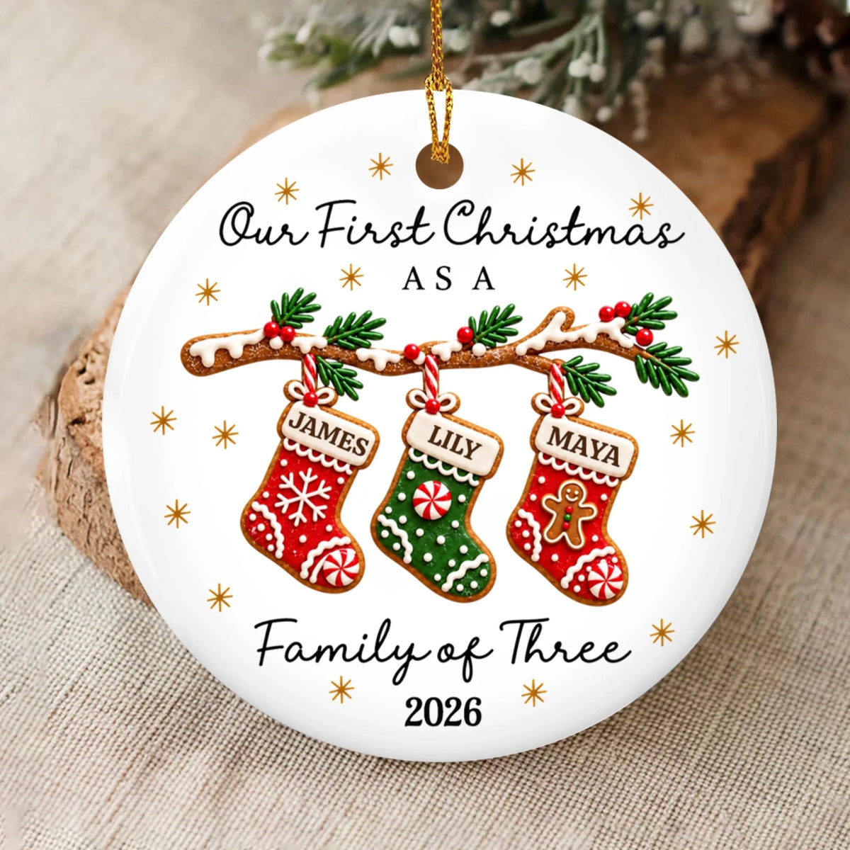 Family of Three- Personalized Ceramic Ornament, Personalized First Christmas as a Family of 3 Christmas Ornament