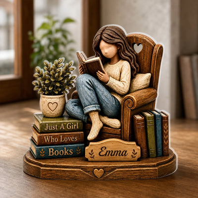 Just A Girl Wo Loves Books- Personalized Acrylic Plaque,  Book Lover Wooden Plaque, Custom Name Reading Girl Desk Decor