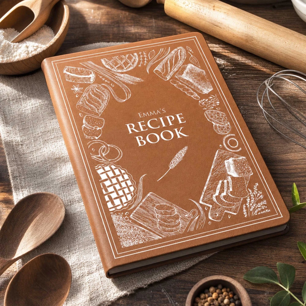 All My Recipes - Personalized Leather Journal, Custom Name Recipe Book, Gift for Mom and Grandma