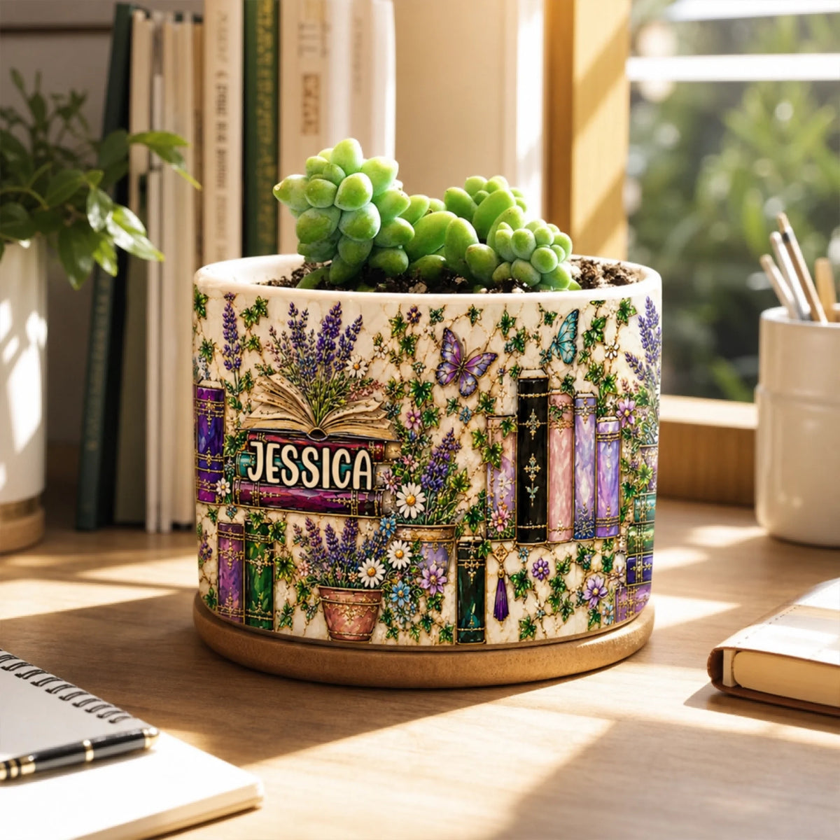 Books Are My Therapy - Personalized Plant Pot, Stained-Glass Style Floral Bookshelf  , Back To School Teacher Gift