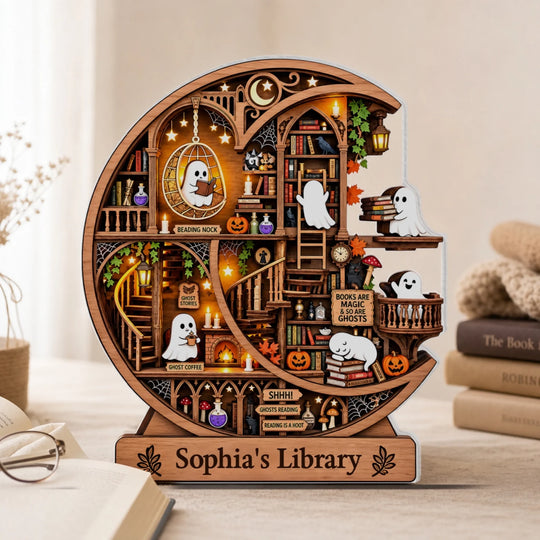 Halloween Ghost Library- Personalized Acrylic Plaque, Reading Ghost Halloween Acrylic Plaque, Pumpkin Bookshelf Decor, Spooky Book Lover Shelf Sign Fall Reading Room Decor