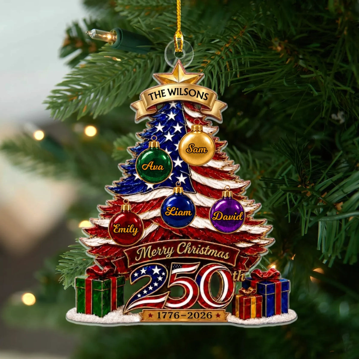 Merry Christmas America Turns 250 - Personalized Acrylic Ornament, Custom Family Patriotic Christmas Decoration, 1776–2026 Keepsake Gift