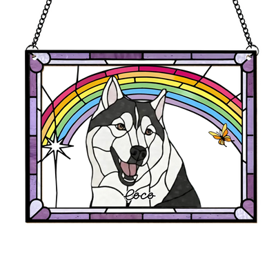 Our Sunshine Has Four Paws - Personalized Window Hanging Suncatcher, Pets Portrait Stained Glass Style, Pet Lover Gift